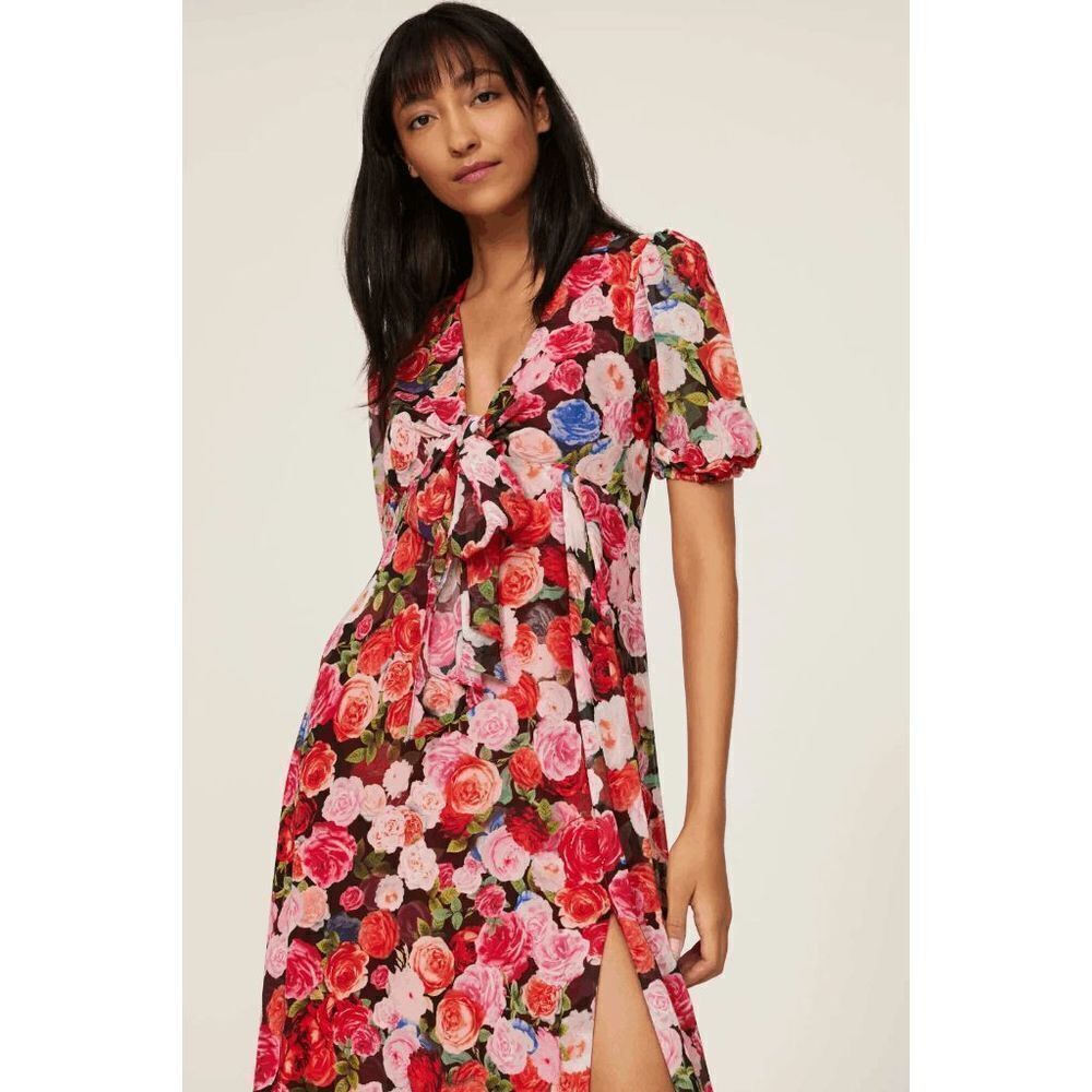 Ieena For Mac Duggal Floral Print Puff Sleeve Side Slit Maxi Dress Red Size 6 - Picture 4 of 12